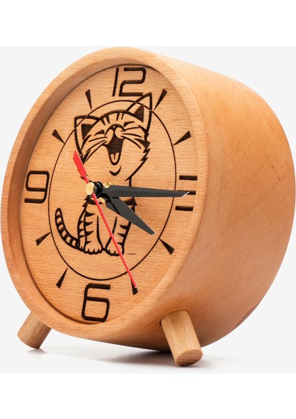 El Yapımı Yuvarlak Ahşap Masaüstü Saat Sevimli Kedi Detaylı Minimalist Tasarım fırsatları