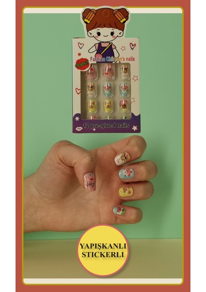 12 Li Yapışkan Stickerlı Renkli Baskılı Çocuk Takma Tırnak Oyuncak Seti - 5- 14 Yaş Arası - Model 23
