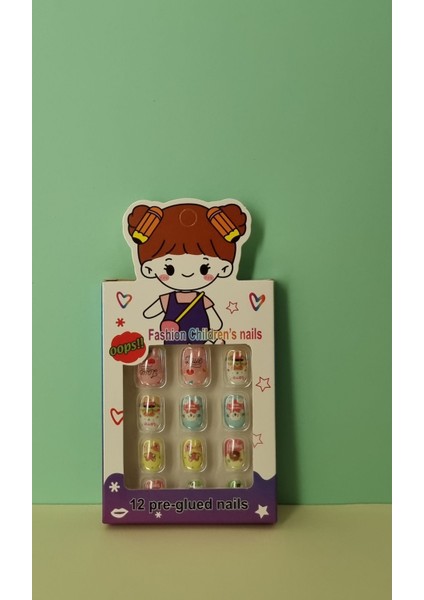 12 Li Yapışkan Stickerlı Renkli Baskılı Çocuk Takma Tırnak Oyuncak Seti - 5- 14 Yaş Arası - Model 23