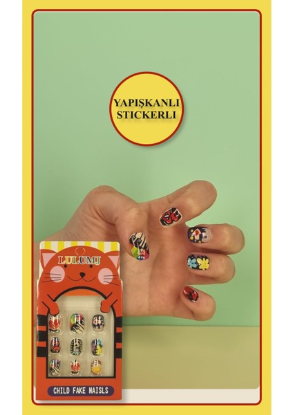 12 Li Yapışkan Stickerlı Renkli Baskılı Çocuk Takma Tırnak Oyuncak Seti - 5- 14 Yaş Arası - Model 34