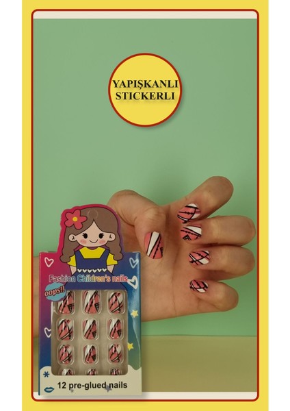 12 Li Yapışkan Stickerlı Renkli Baskılı Çocuk Takma Tırnak Oyuncak Seti - 5- 14 Yaş Arası - Model 26