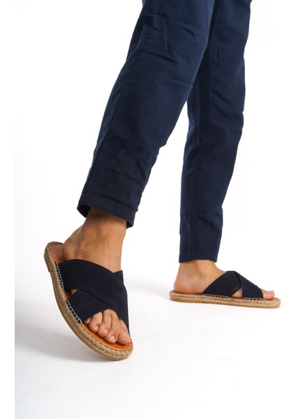 Erkek Deri Süet Çapraz Bantlı Jüt Taban Lacivert Terlik -MSSR5959-LCV