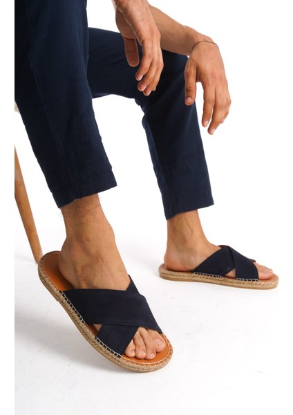 Erkek Deri Süet Çapraz Bantlı Jüt Taban Lacivert Terlik -MSSR5959-LCV modelleri