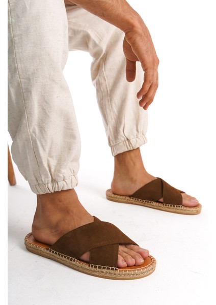 Erkek Deri Süet Çapraz Bantlı Jüt Taban Taba Terlik -MSSR5959-TB fiyatları