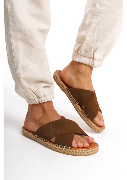 Erkek Deri Süet Çapraz Bantlı Jüt Taban Taba Terlik -MSSR5959-TB modelleri