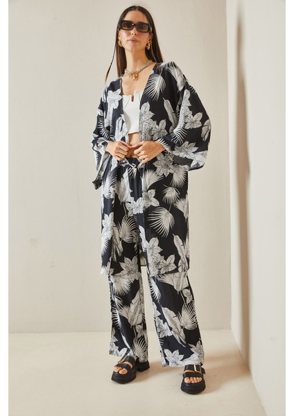 Siyah Çiçek Desenli Kimono Takım 5YXK8-48600-02