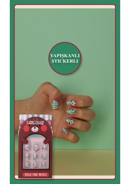 12 Li Yapışkan Stickerlı Renkli Baskılı Çocuk Takma Tırnak Oyuncak Seti - 5- 14 Yaş Arası - Model 16