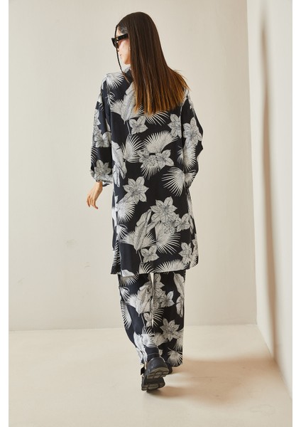 Siyah Çiçek Desenli Kimono Takım 5YXK8-48600-02