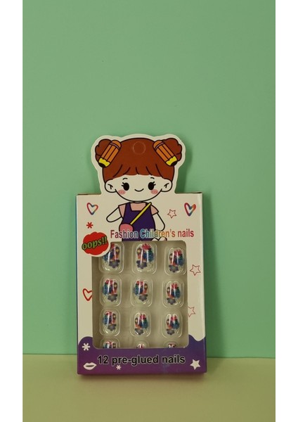 12 Li Yapışkan Stickerlı Renkli Baskılı Çocuk Takma Tırnak Oyuncak Seti - 5- 14 Yaş Arası - Model 25