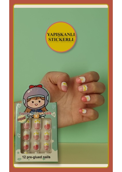 12 Li Yapışkan Stickerlı Renkli Baskılı Çocuk Takma Tırnak Oyuncak Seti - 5- 14 Yaş Arası - Model 22