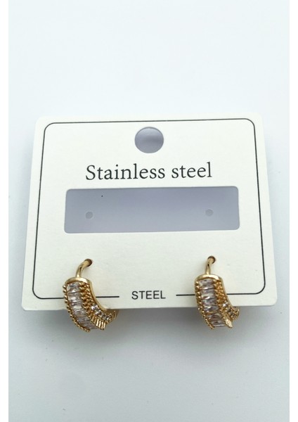 Baget Zirkon Taşlı Gold Çelik Küpe