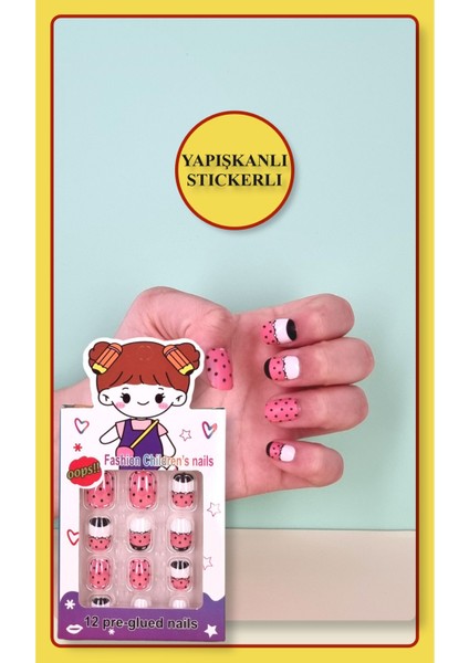 12 Li Yapışkan Stickerlı Renkli Baskılı Çocuk Takma Tırnak Oyuncak Seti - 5- 14 Yaş Arası - Model 44
