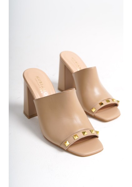 Mubiano Hakiki Deri Collection Kadın Topuklu Terlik Nude -MCBRG5692-N