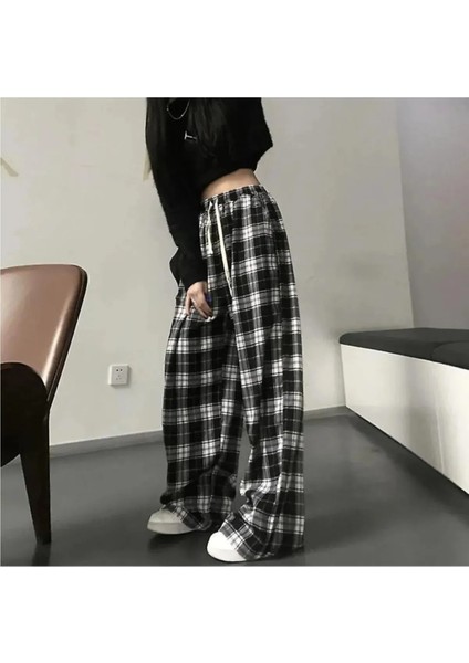 Harajuku Kare Ekose Desenli Siyah Unisex Rahat Kesim Pijama Eşofman Altı