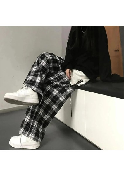 Harajuku Kare Ekose Desenli Siyah Unisex Rahat Kesim Pijama Eşofman Altı