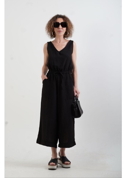 Siyah Ön Arka V Yaka Geniş Paça Tulum