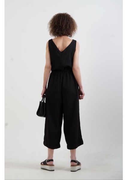 Siyah Ön Arka V Yaka Geniş Paça Tulum fiyatları