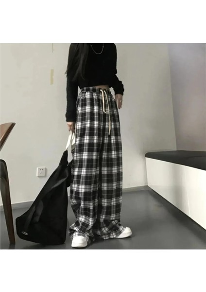 Harajuku Kare Ekose Desenli Siyah Unisex Rahat Kesim Pijama Eşofman Altı fırsatları