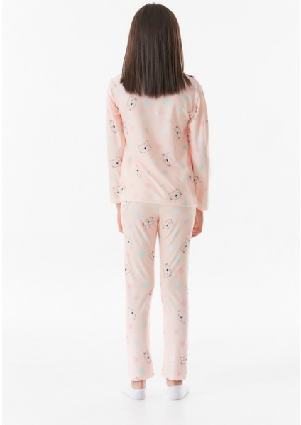 Kedi Baskılı Bisiklet Yaka Kız Çocuk Pijama Takımı modelleri