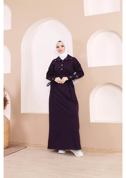 Belden Bağlamalı Çıtçıtlı Kol Şerit Detaylı Uzun Elbise - 71183.013 - Mor