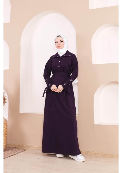 Belden Bağlamalı Çıtçıtlı Kol Şerit Detaylı Uzun Elbise - 71183.013 - Mor fiyatları