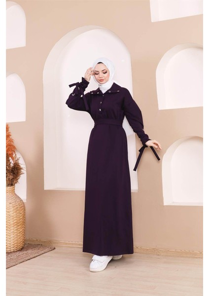 Belden Bağlamalı Çıtçıtlı Kol Şerit Detaylı Uzun Elbise - 71183.013 - Mor fırsatları