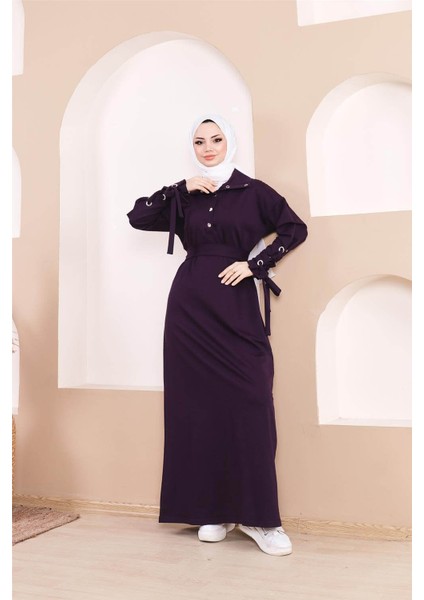 Belden Bağlamalı Çıtçıtlı Kol Şerit Detaylı Uzun Elbise - 71183.013 - Mor indirimleri