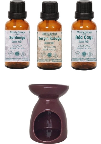 Sardunya (Itır) Yağı 10ML, Tarçın Kabuğu Yağı 10ML, Ada Çayı Yağı 10ML ve Buhurdanlık
