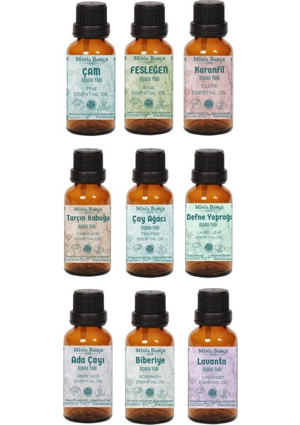 Uçucu Yağ Seti, Çam-Fesleğen-Karanfil-Tarçın-Çay Ağacı-Defne Yap.-Adaçayı-Biberiye-Lavanta YAĞI,90ML