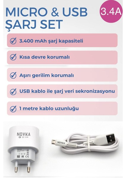 Micro & USB Girişli 3.4 A Şarj Cihazı 1 Metre Kablo + Adaptör Takım Samsung Huawei Modellerle Uyumlu