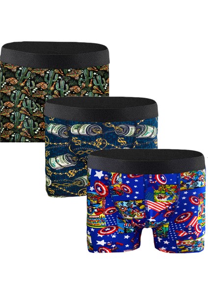 3'lü Erkek Desenli Boxer Paketleri %95 Pamuk Premium Collection - Çok Renkli