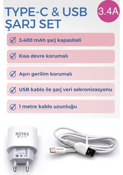 Type-C & USB Girişli 3.4 A Şarj Cihazı 1 Metre Kablo + Adaptör Samsung Oppo Xiaomi Modellerle Uyumlu