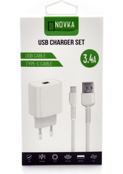 Type-C & USB Girişli 3.4 A Şarj Cihazı 1 Metre Kablo + Adaptör Samsung Oppo Xiaomi Modellerle Uyumlu