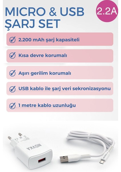 Micro & USB Girişli 2.2 A Şarj Cihazı 1 Metre Kablo + Adaptör Takım Samsung Huawei Modellerle Uyumlu