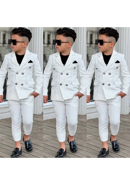 4 Parça Çizgili Ceketli Erkek Çocuk Takım Elbise