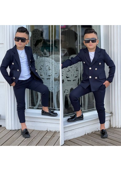 4 Parça 6 Düğmeli Ceketli Erkek Çocuk Takım Elbise - Beyaz Tshırt fiyatları