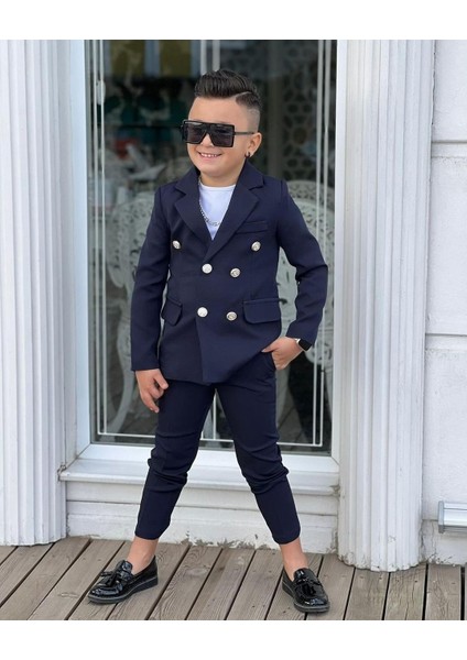 4 Parça 6 Düğmeli Ceketli Erkek Çocuk Takım Elbise - Beyaz Tshırt modelleri