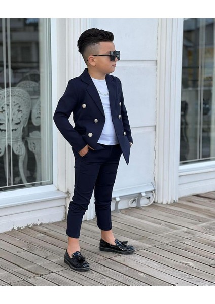 4 Parça 6 Düğmeli Ceketli Erkek Çocuk Takım Elbise - Beyaz Tshırt fırsatları