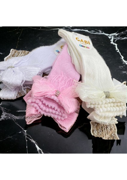 Fileli Kurdela Detaylı Kız Çocuk Diz Altı Pamuklu Çorap 3'lü Set Beyaz-Ekru-Pembe