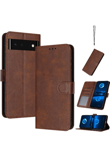 Toka Pu Deri ile Google Piksel 6 Saf Renk Kickstand Için Flip Case (Yurt Dışından)