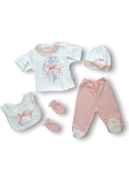 Kanaviçe Nakışlı %100 Cotton 5li Zıbın Takımı Hastane Çıkışı Pudra
