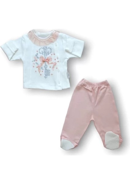 Kanaviçe Nakışlı %100 Cotton 5li Zıbın Takımı Hastane Çıkışı Pudra