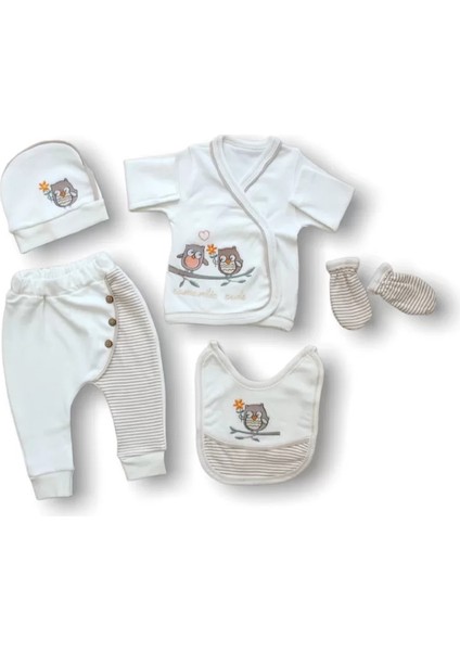 Romantik Çift Bkuş Nakışlı %100 Cotton 5li Zıbın Takımı Hastane Çıkışı Ekru