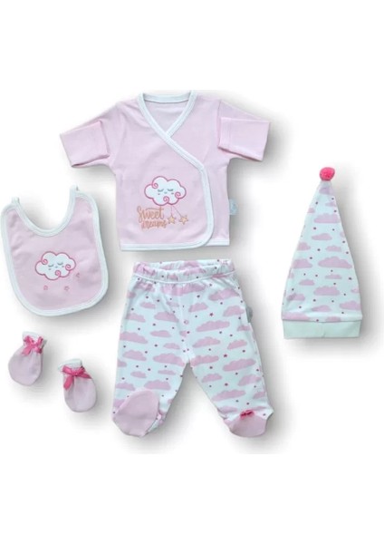 Uykucu Bulut Nakışlı %100 Cotton 5li Zıbın Takımı Hastane Çıkışı Pembe