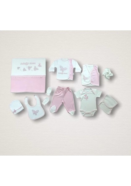 Uçan Kelebekler Nakışlı %100 Cotton 10LU Zıbın Takımı Hastane Çıkışı Pembe