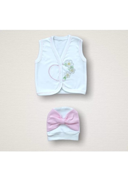 Baharın Çiçekli Kalbi Nakışlı %100 Cotton 10LU Zıbın Takımı Hastane Çıkışı Pembe