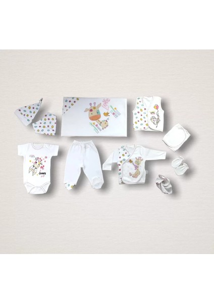 Love Zürafa Nakışlı %100 Cotton 10LU Zıbın Takımı Hastane Çıkışı Ekru