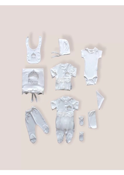 Taçlı Prensesim Nakışlı %100 Cotton 10LU Zıbın Takımı Hastane Çıkışı Ekru