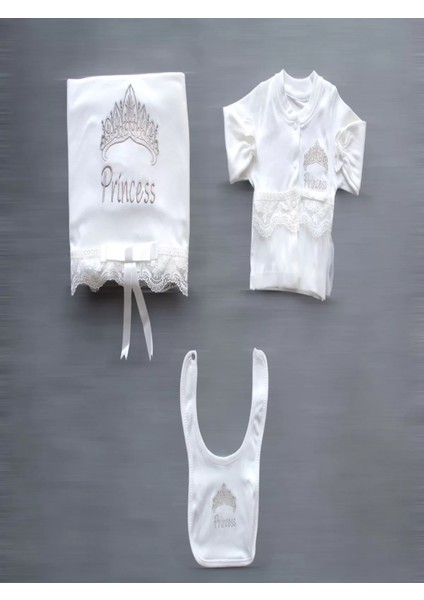 Taçlı Prensesim Nakışlı %100 Cotton 10LU Zıbın Takımı Hastane Çıkışı Ekru