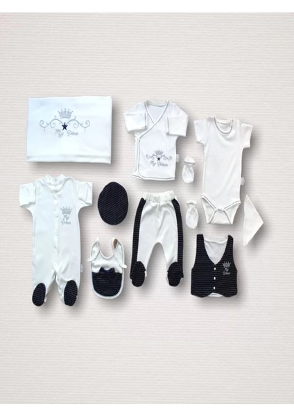 Süper Prens Nakışlı %100 Cotton 10LU Zıbın Takımı Hastane Çıkışı Lacivert